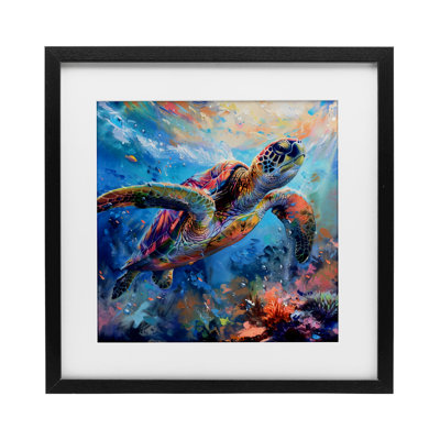 «Rainbow Sea Turtle & Bubbles», reproduction sous verre encadrée, design par LSR Design Studio