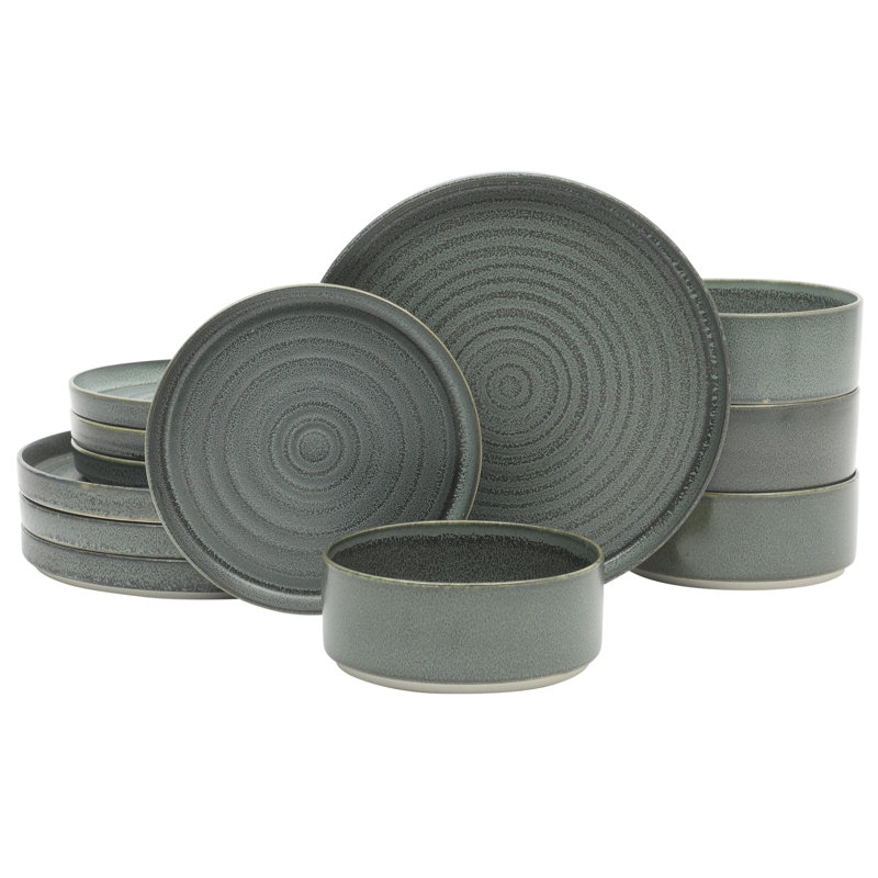 Gibson Elite Echo Bay 12 Piece Porcelain Reactive Glaze (Service for 4) Ceramic Plates and Bowls Modern Stackable Dinnerware Set -