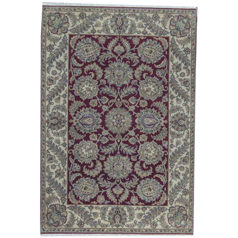 Tapis oriental rouge / beige / vert en laine noué à la main 6 pi x 8 pi 10 po Trinity