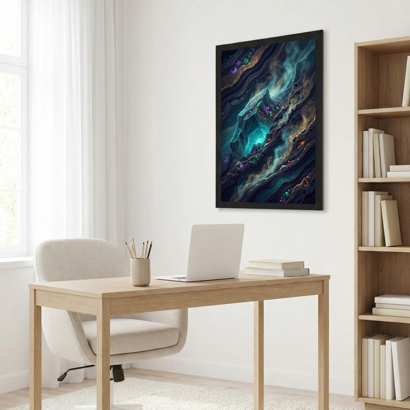 Art mural sur toile tourbillonnant avec des cristaux sarcelle et des veines dorées, 24"H x 16"W