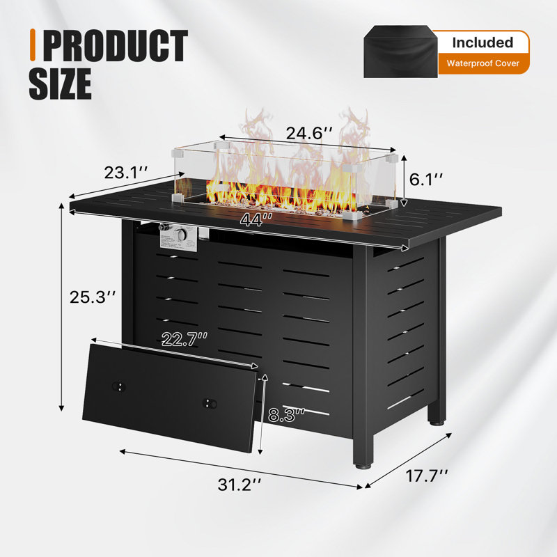 25" H X 44" W Iron Propane Outdoor Fire Pit Table With Cover