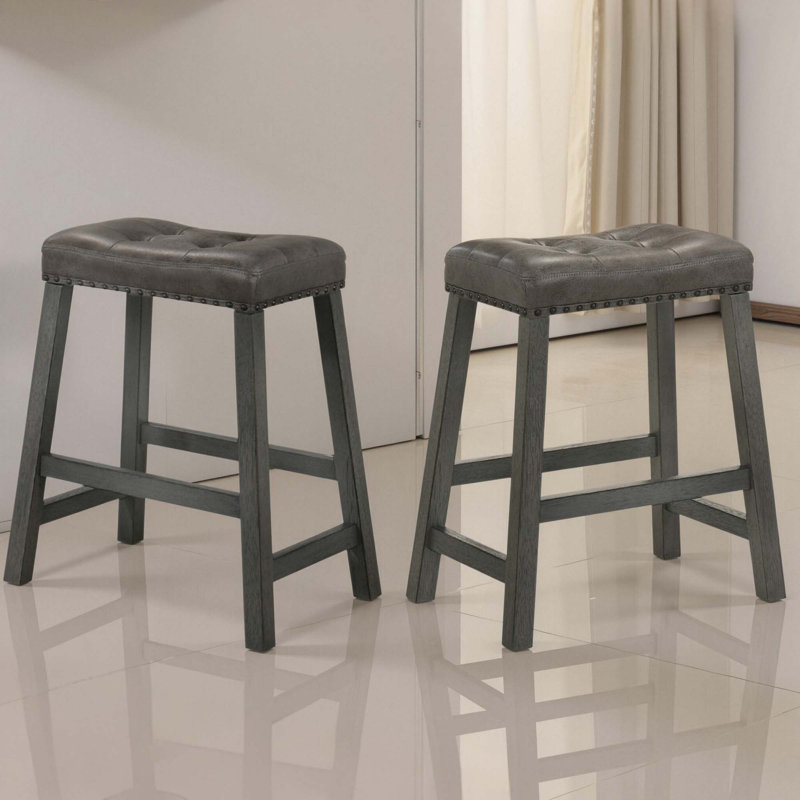 Rustic Backless Counter Stools With Faux Leather Seat(Set Of2), Gray