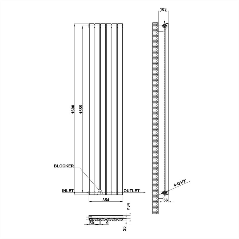 Vertical Oval Column Radiator, 160cm H x 35.4cm W x 5.6cm D, Single, Grey
