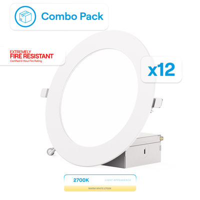 Infibrite 6 Inch Thin Recessed LED Ceiling Light Kit, Two Hour Fire Rated, Soft White 2700 Kelvin Light, White Finish, 12 Watt, 1050 Lumens, Dimmable, Wet Rated, Set of 12