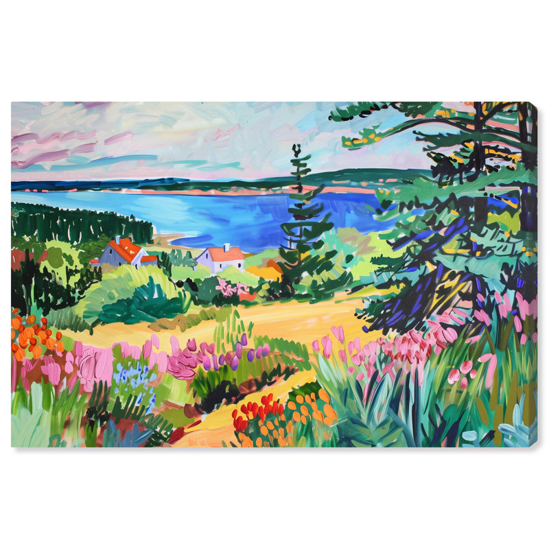 «Summer Hill Over the Beach», impressionisme sur toile par Art Remedy, Cadre doré, H 31 po x l 46 po