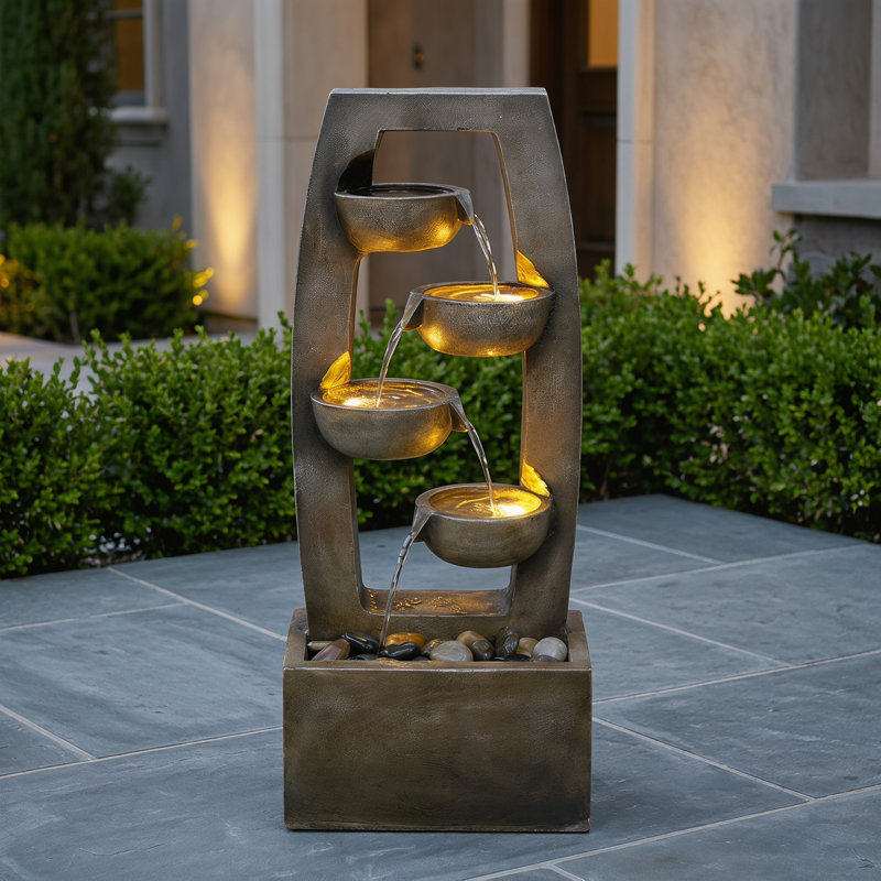 Fontaine à cascade moderne à 4 niveaux avec lumières à DEL, cascade de jardin en résine résistante aux intempéries, Brown