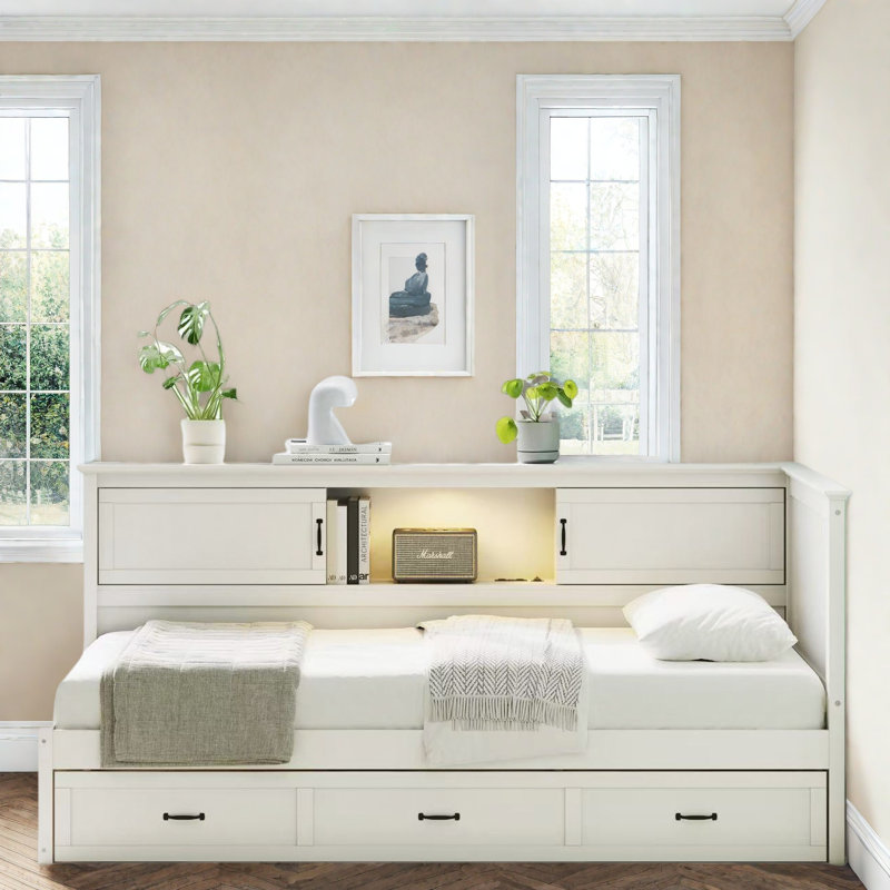 L-shaped Daybed With Drawer, Storage Cabinets, Led Downlight And Usb Port, Twin