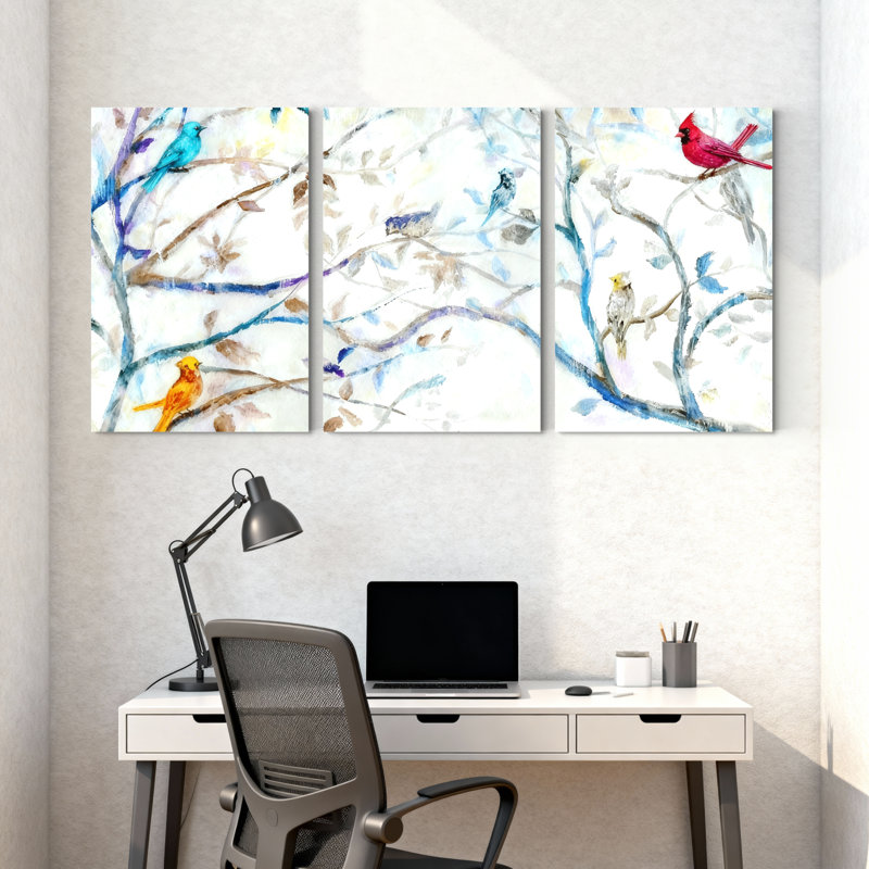 «Birds Colorful Birds On Branches», ensemble de 3 impressions sur toile, H 18 po x l 36 po