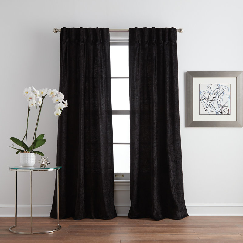 Black Polyester Room-Darkening Pleated 84" Window Curtains