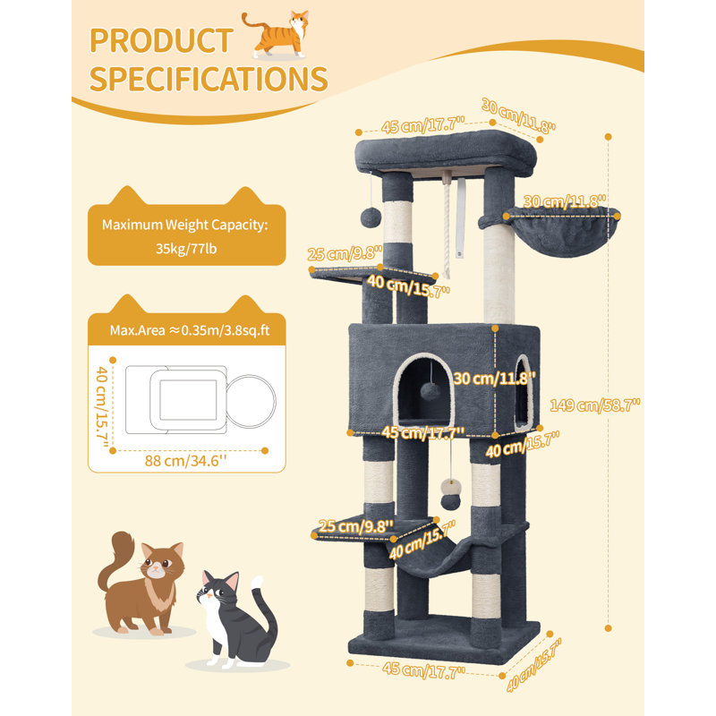 149 cm Cat Tree for Indoor Cats, Cat Tower with Large Hiding Cave, Scratching Post with Large Platforms, Multi-Level Cats Activity Center, Sisal Rope, Hammock 