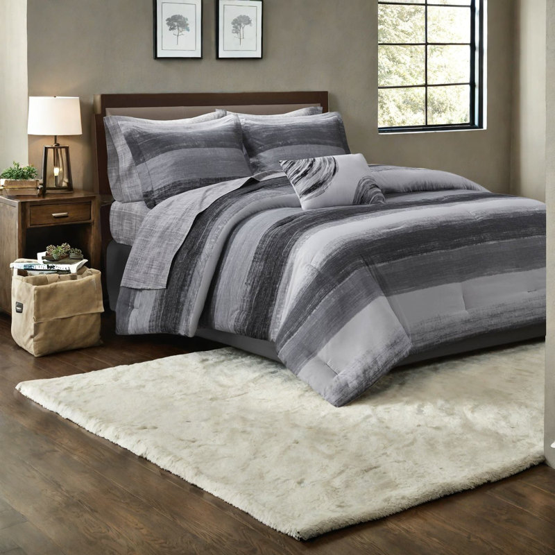 Premium King Bedding Set, Microfiber Comforter With Cotton Sheets, Modern Black Design