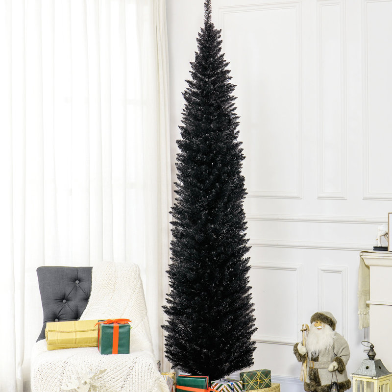 Arbre de Noël ignifuge 8 pi, noir, 618 branches, arbre mince avec base en plastique massif