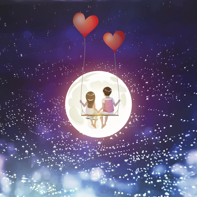 Cartoon Lover Couple On Heart Balloon Swing, Moon, Stars Sky by ChakisAtelier - Wrapped Canvas Print