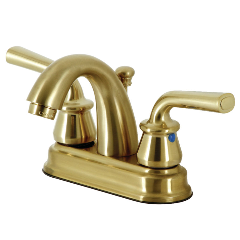 Kingston Brass Restoration Two-Handle 3-Hole Deck Mount 4" Centerset Bathroom Faucet with Plastic Pop-Up, Brushed Brass