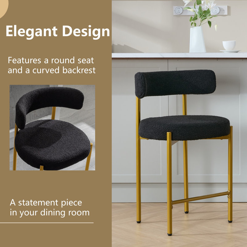 Luxurious Black Bouclé Upholstered Gold Metal Counter Stools, Set of 2