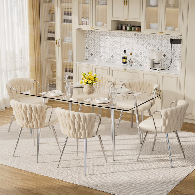 7 - Piece Glass Top Dining Set, Beige, 29.5"H x 63"L x 31.5"W