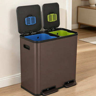 Poubelle de cuisine 18,5 gallons à deux compartiments - couvercle fermé, filtre anti-odeurs, poubelles en acier inoxydable combinées avec des bacs de recyclage