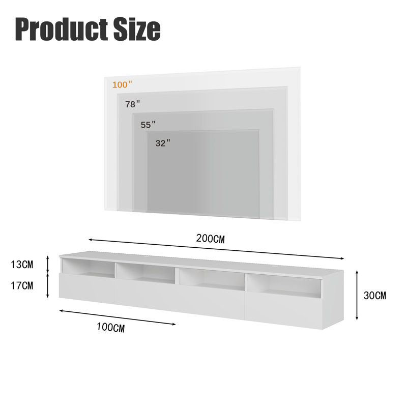 Agnon Floating TV Stand with 2 Storage Drawers, Wall-Mount up to 85", White, 30cm H x 200cm L x 33cm W