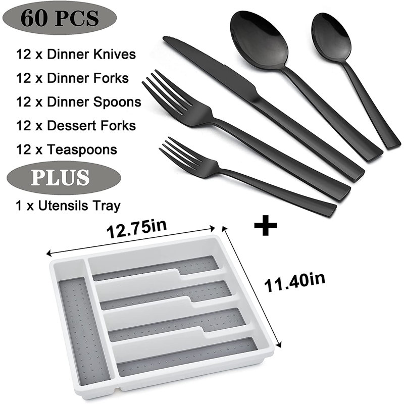 Latitude Run® Valcour Stainless Steel Flatware Set - Service for 12, Black