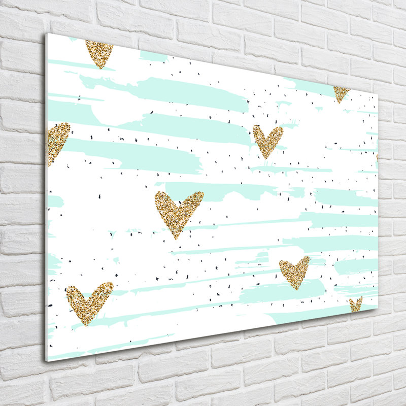 Glass Print Wall Art 100X70cm Image Printed On Glass Decorative Wall Picture Behind Toughened / Tempered Safety Real Glass For Kitchen & Living Room Theme:Golden Hearts Background