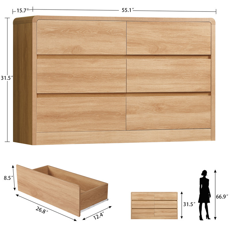 Commode 6 tiroirs pour chambre à coucher, commodes de 55 po de largeur et commode à profil courbé pour chambre à coucher, salon, naturel