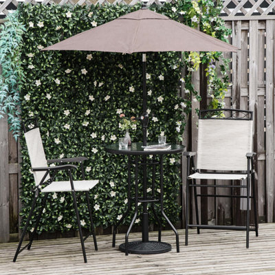 4 Piece Dining For Patio - Beige. 2 Folding Chairs, Adjustable Umbrella, Wave Textured Glass Table. Ideal Poolside, Garden, Deck. Steel Construction,