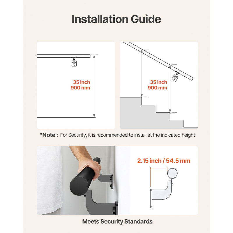 Pipe Stair Handrail 4ft Aluminum 1 Piece Black Wall Mount