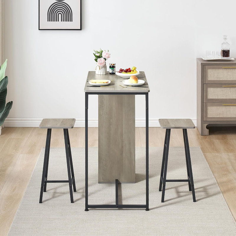 3 Piece Bar Table Set, with 2-Layer Storage Shelf, Gray