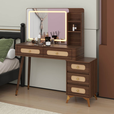 Vintage Makeup Vanity With Mirror And Lights, Makeup Vanity Desk With 5 Drawers And Storage Shelf, Rattan Drawer Design