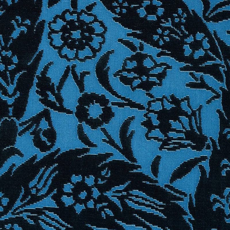 Saz Paisley Silk Velvet Fabric, Blue