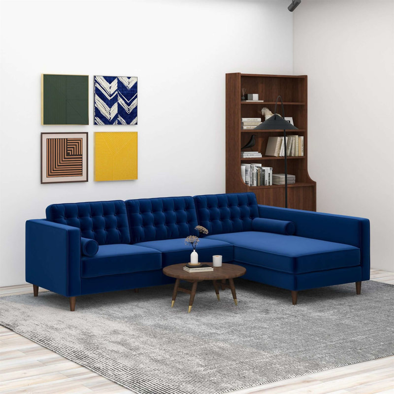 Canapé modulaire en velours bleu Christian faisant face à la droite
