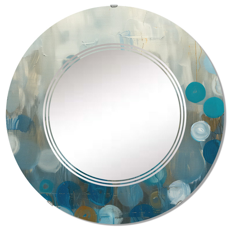 Blue Bronze Dots Wall Mirror, Printed Modern Oval/Round - Blue and Bronze Dots On Glass II, 31.5" H x 31.5" W