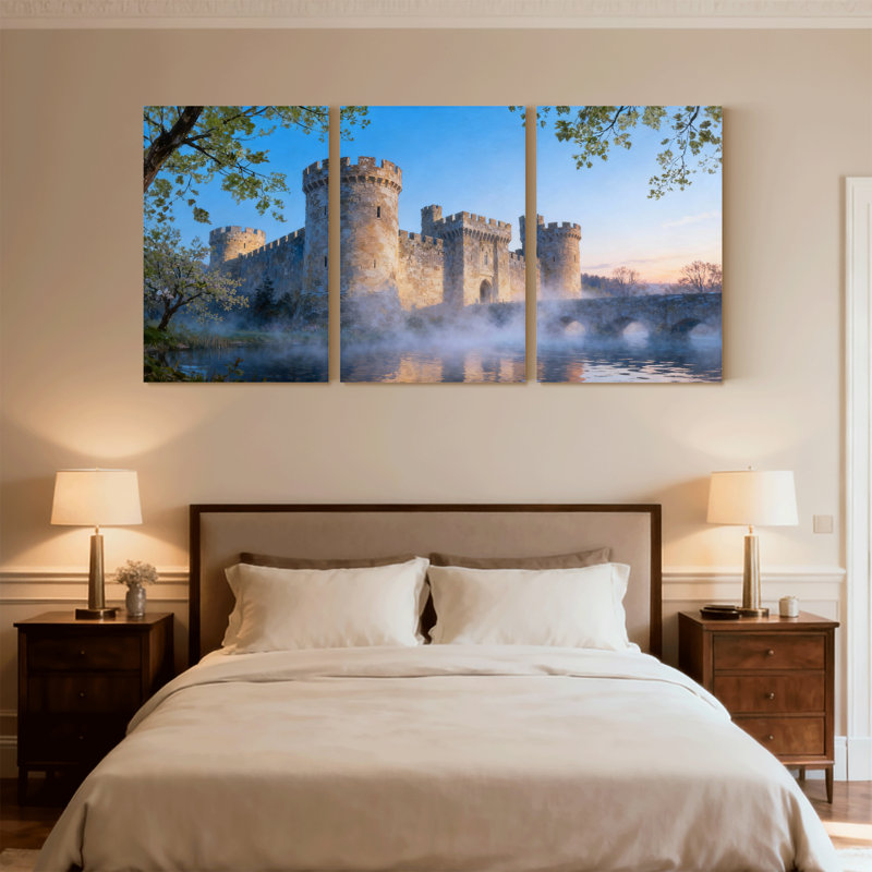 «Mid-Century Castle Reflection Morning Mist Water Trees Sky», ensemble de 3 impressions sur toile, H 24 po x l 48 po