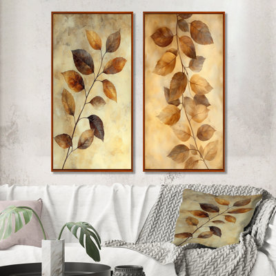 Brown Faded Sepia Leaves V - Floral Wall Art 2 Pieces