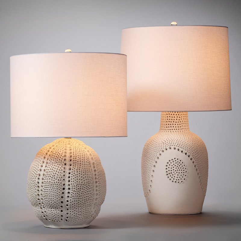 White Porcelain Table Lamp with Linen Drum Shade