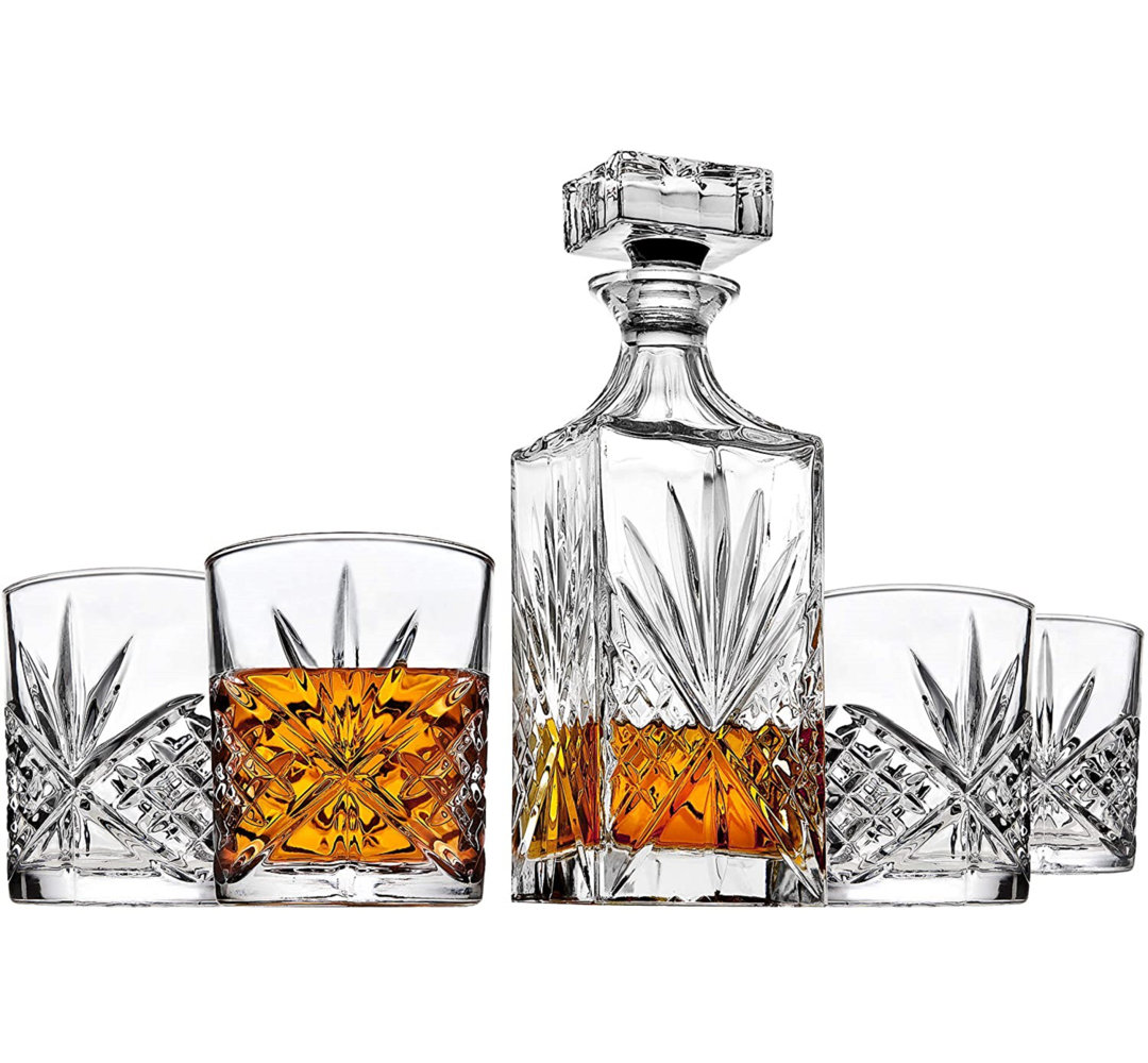 Dublin Crystal 5 Piece Whiskey Decanter 24oz & Whiskey Glass 11oz Set Godinger Silver Art Co