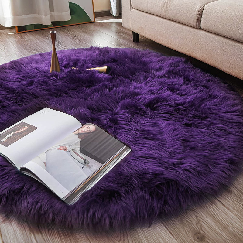 Plush Faux Sheepskin Grape Shag Area Rug, Rond 5 pi