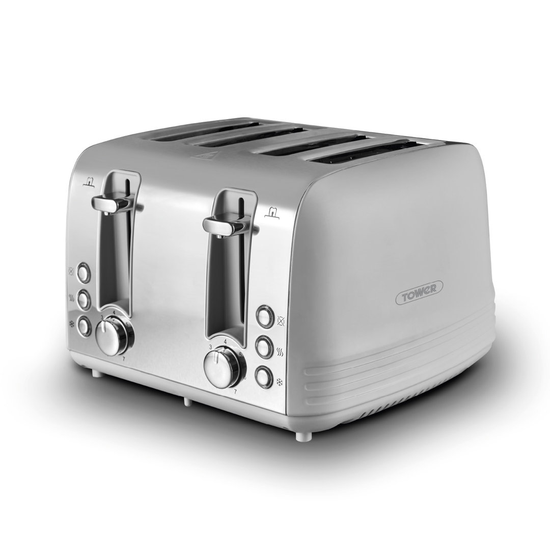 Tower Ash 4-Slice Toaster, Dual Controls, Defrost/Reheat/Cancel, 1850W