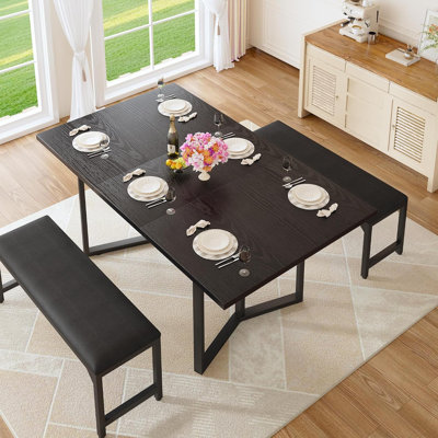 Ensemble de table de salle à manger 63 "pour 4-6, table de cuisine extensible 3 pièces avec 2 bancs rembourrés, ensemble de table de salle à manger extensible avec cadre en métal et panneau de fibres à densité moyenne, noir
