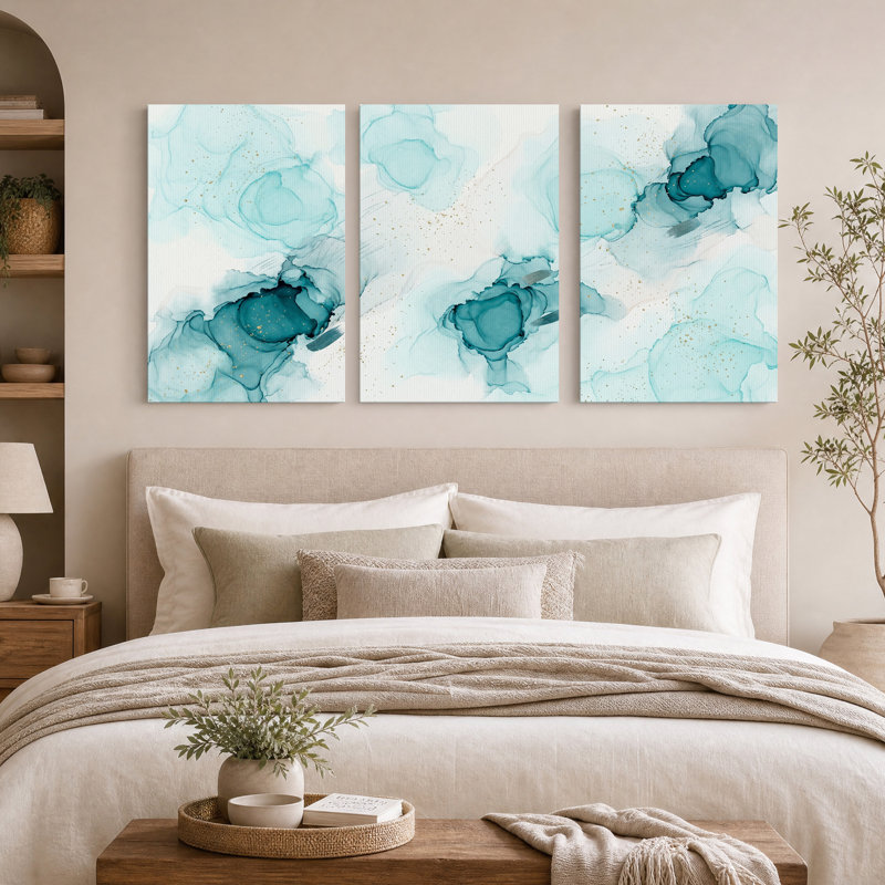 Ensemble de 3 toiles abstraites bleues et dorées à l'encre, H 30 po x l 20 po x 3 pièces