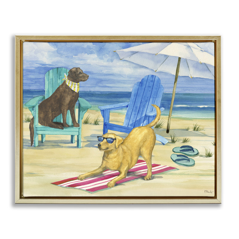 «Dogs on Beach» par Paul Brent, Cadre flottant métallique doré, H 17 po x l 21 po