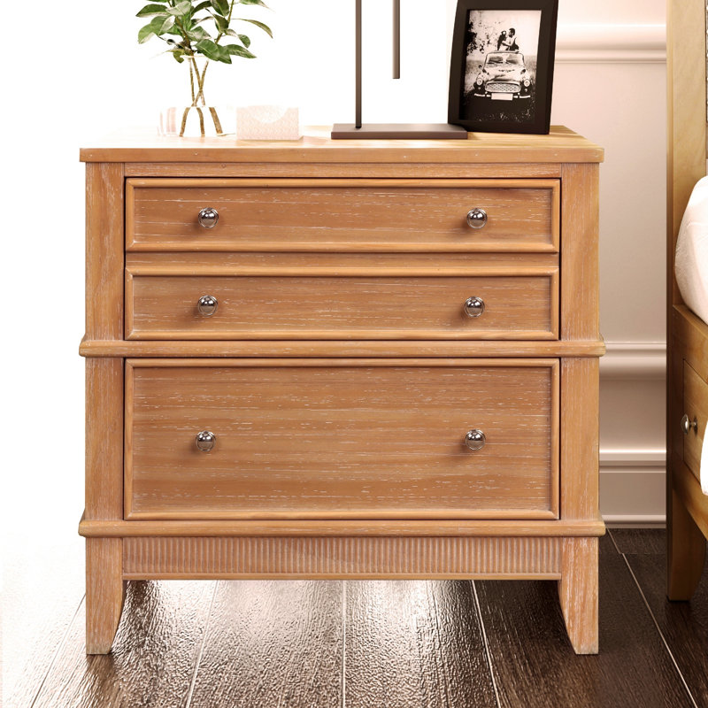 Hazel 3-Drawer Side Table for Living Room, Hallway, Entryway with Rustic Pine Finish