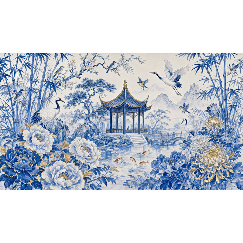 Papier peint chinois et bleu chinois, 120 po x 96 po, Texturé non collé