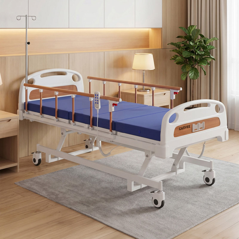 Lit de soins à domicile électrique réglable à 3 fonctions avec télécommande, roulettes verrouillables et matelas en mousse imperméable, réglage multi-positions pour les soins à domicile, capacité de 400 lb, grain de bois