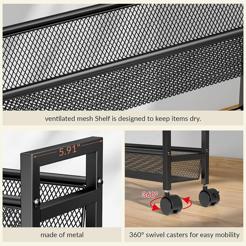 Black Slim Rolling Metal Utility Cart Mobile Storage Organizer with Wheels