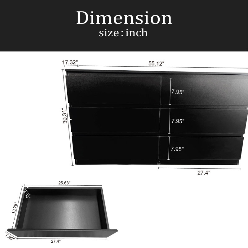 6 Drawer Double Dresser For Bedroom Living Room Hallway, Black