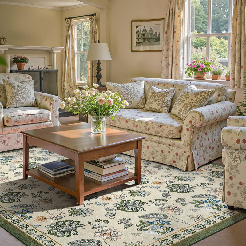 Chinoiserie Floral Rug Vintage Romance Design Washable Non-slip Green/Beige, Rectangle 8' x 10', Green/Beige