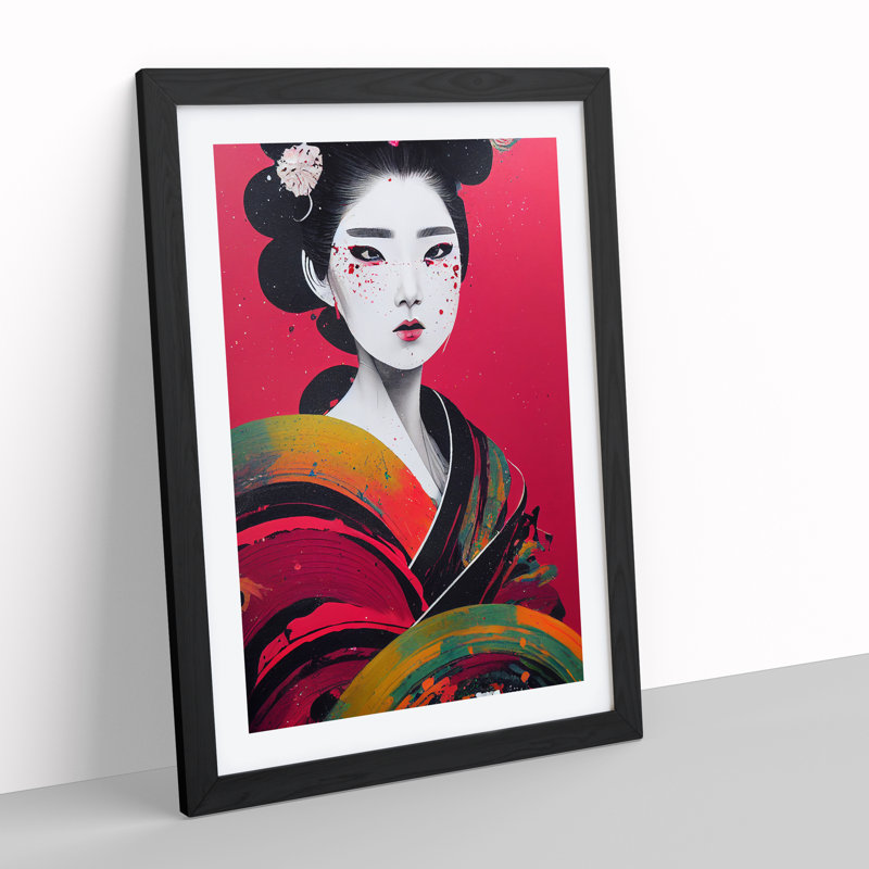 Painted Geisha No.4 - Single Picture Frame Painting, Black Framed, 64cm H x 46cm W x 2cm D