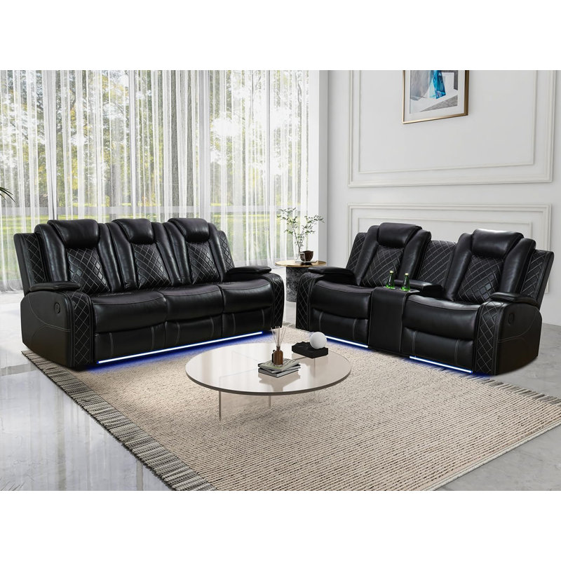 2-Piece Vegan Leather Power Reclining Living Room Sofa Set, Black