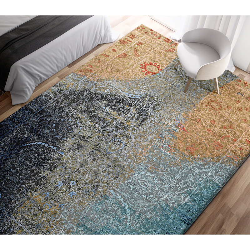 Tapis abstrait noué à la main gris / bleu / jaune, Rectangle 9 pi x 12 pi